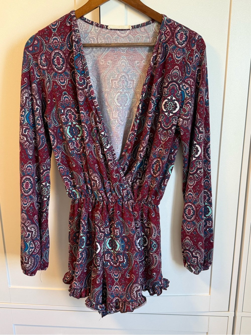 Anthropologie Burgundy Paisley Wrap Romper